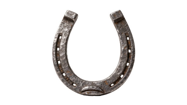 Rustic hammered metal horseshoe with nail holes, isolated on transparent background