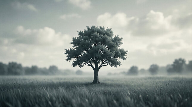 A tree stands alone in a wide field filled with green grass. The sky is cloudy, and a gentle mist covers the area, giving it a soft look.