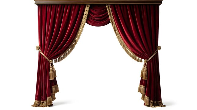 Elegant deep red velvet curtains with gold tassels and fringe for luxury theater stage or classic home interior