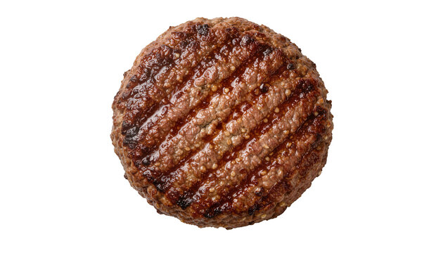 Juicy grilled beef burger patty with char marks, isolated on transparent background