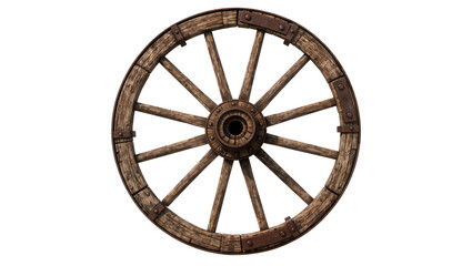 Rustic wooden wagon wheel with metal spokes and rim, isolated on transparent background © Aliona