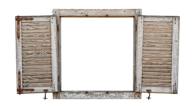 Rustic weathered wooden window frame with open shutters, isolated on transparent background