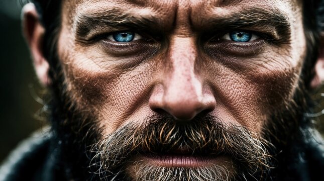 Close up portrait of man with intense blue eyes and heavy beard. His face shows deep emotion and raw inner strength. Direct gaze conveys strong determination.
