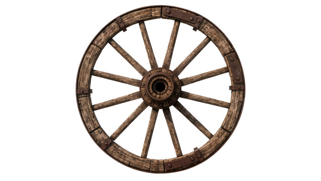 Rustic wooden wagon wheel with metal spokes and rim, isolated on transparent background