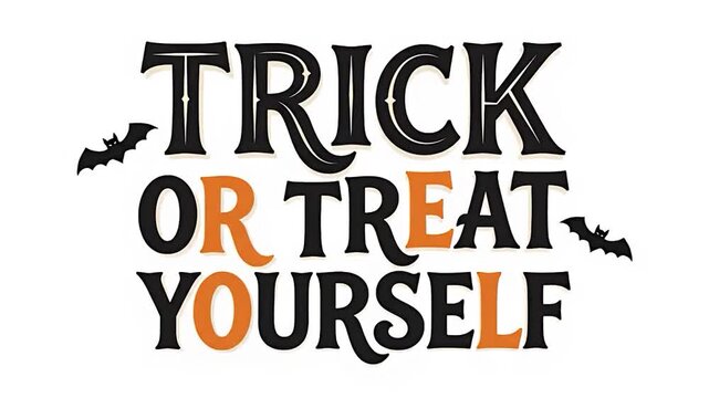 Trick or treat yourself halloween typography with bats animation stylized text graphic featuring the phrase or accompanied by flying in black