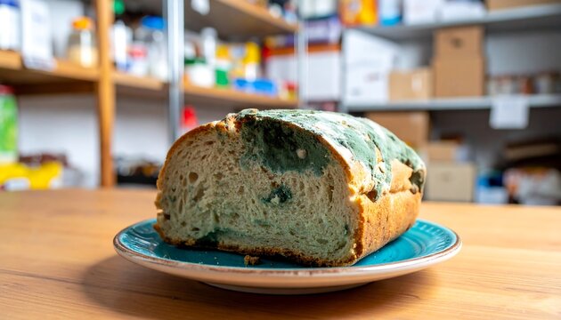 Moldy bread slice on a plate showing decay