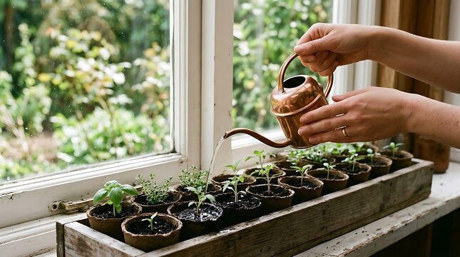 Person watering small green seedlings in biodegradable pots on a wooden windowsill at home with watering can nurture green plants growing use small copper