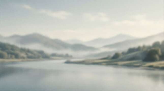 A lake is surrounded by mountains and trees as morning mist rises from the water. The sun is starting to rise, creating a soft light in the rural setting.