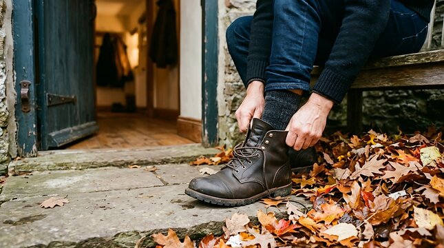 A man sits on a stone bench putting on leather boots surrounded by autumn leaves with sitting bench outdoors wearing jeans sweater sweater laces his