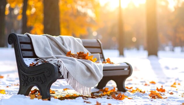 Wooden Bench and a Blanket with Autumn Leaves in Snowy Park