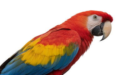 Vibrant scarlet macaw parrot with red yellow and blue plumage, isolated on transparent background © Aliona