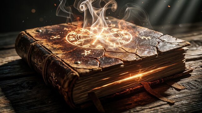 Ancient cracked leather spellbook glows with arcane energy and smoke. Symbols emit bright light from its cover, resting on a wooden table. Forbidden lore and magic revealed from old tome.