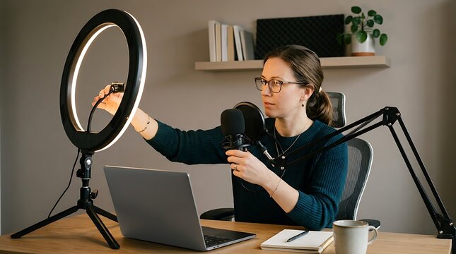 A woman adjusting a ring light while preparing for a video recording at her desk with laptop microphone while woman sits communication professional