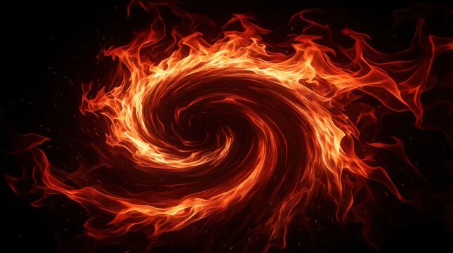 Swirling vortex of flames creates spiraling motion with glowing embers against dark background. Bright orange, red hues radiate energy in dynamic artwork. Central fire core pulls viewer gaze into