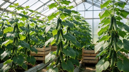 Fototapeta premium Rows of ripe cucumbers grow on vines inside a modern glass greenhouse. Wooden crates full of fresh produce await harvest. Plants thrive under bright, controlled conditions.