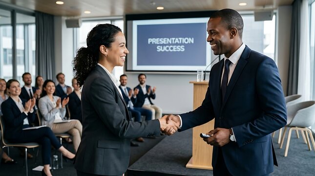 Business people shaking hands after a successful presentation in a modern conference room with man woman shake hands stage while audience applauds background