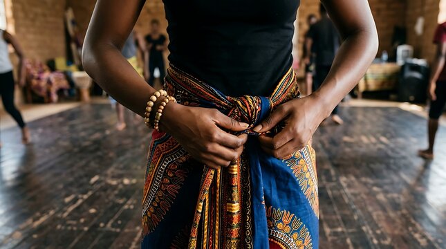 Woman wearing a colorful patterned wrap skirt adjusts the knot while standing in a studio with person adjusts vibrant studio wooden floors traditional
