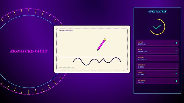 Innovative gesture banking interface displays digital signatures captured on screen within a neon purple environment featuring data matrices and graphical metrics for secure user verification
