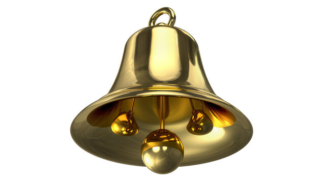 Shiny golden bell with multiple clappers, isolated on transparent background