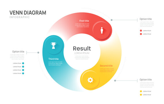 Venn diagram business infographic circle chart template 3 options, presentation with venn diagram elements vector illustration.