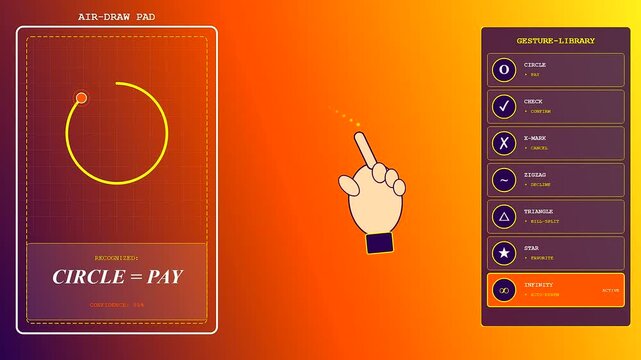 Innovative gesture banking interface showing hand motion tracking for secure digital payments represented by abstract vector line drawing icons on a vibrant orange gradient display