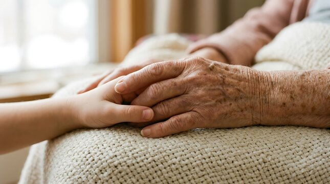 A young child holding the wrinkled hand of an elderly person while sitting together indoors with person resting blanket child rests small hand aged hand