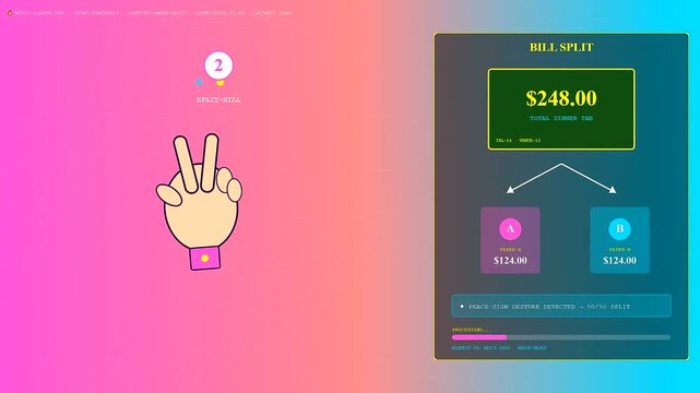 Gesture banking allows a user to perform contactless financial payments by splitting a dinner tab via hand signs displayed on a digital interface screen