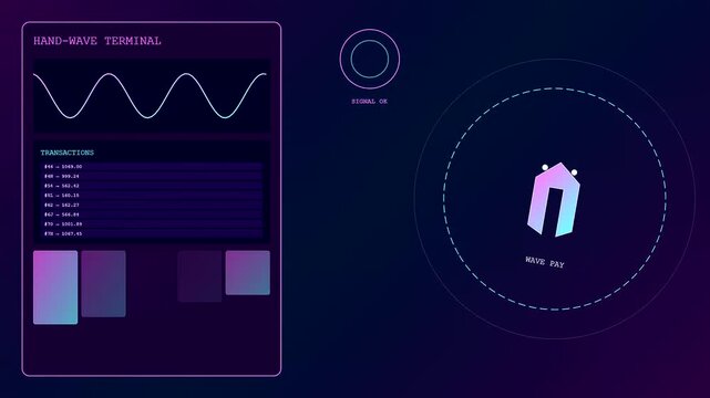 Innovative gesture banking interface showing three sequential screens with glowing wave patterns and digital financial transaction lists displayed in a dark neon aesthetic motion graphic design