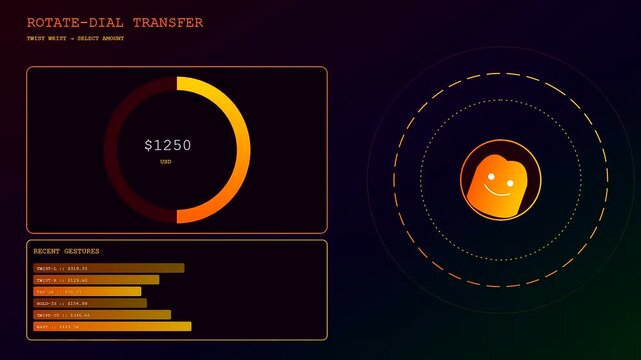 A futuristic gesture banking interface displaying circular data dials and rising currency amounts captured on a digital screen for modern financial transaction monitoring and analysis