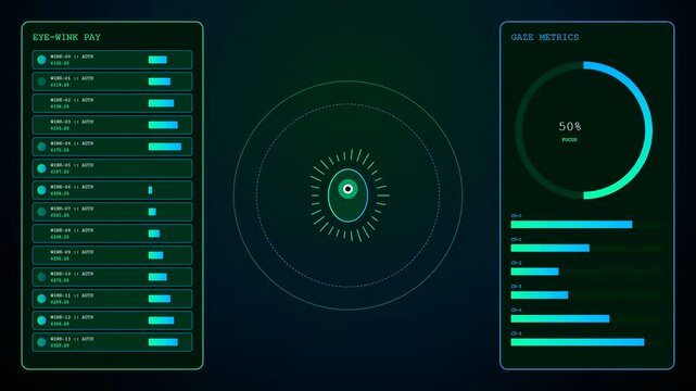 A digital interface showcasing gesture banking in a neon blue environment with glowing ocular scanners and circular data tracking displays for modern financial authentication systems