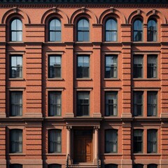 Naklejka premium Four story red brick building facade with arched windows and wooden doors. This classic architecture features multiple apartment units for residential urban living.