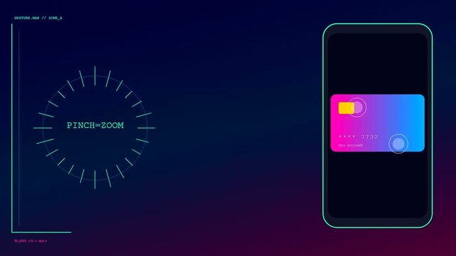 Innovative gesture banking interface interaction featuring a digital payment card manipulated by user finger motions on a sleek mobile device display within a virtual software environment