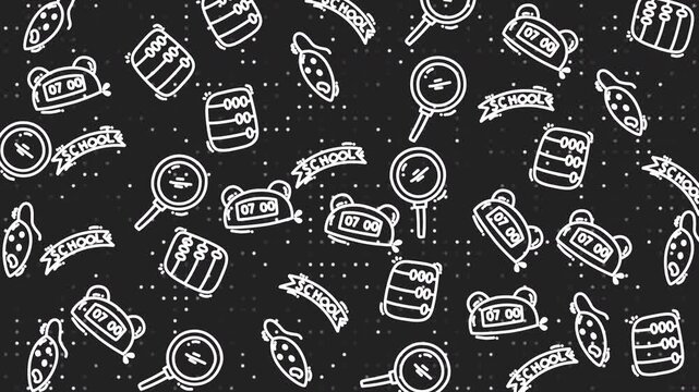Seamless looping animation of hand-drawn school icons on a dark chalkboard background. Features include magnifying glasses, clocks, backpacks, and 'school' banners, perfect for educational.