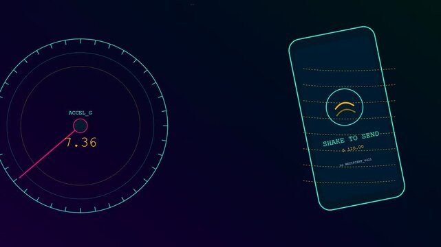Innovative gesture banking interface showing dynamic accelerometer feedback loops on a mobile device screen during motion tracking while performing secure electronic monetary fund transfer actions