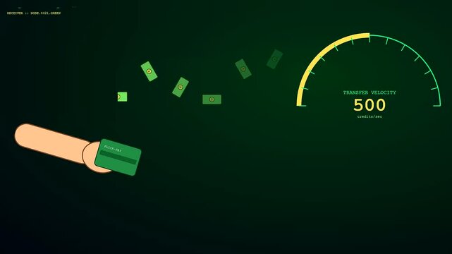 A digital gesture banking interface displays simulated financial metrics while a human hand swipes a card to increase transfer velocity in a virtual dark green environment