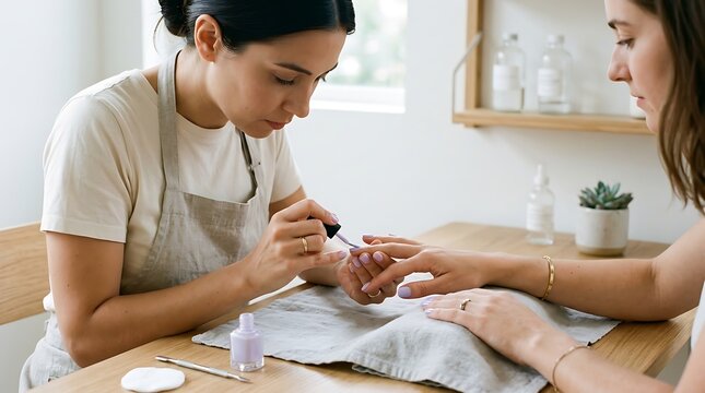A professional manicurist applies light purple polish to a client fingernails in a bright studio with carefully paints fingernails polish wooden table