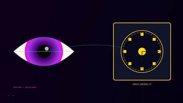 A digital gesture banking interface displays rotating clock pointers synchronized with human eye movement in a dark electronic sequence featuring light beams and circular navigation graphics
