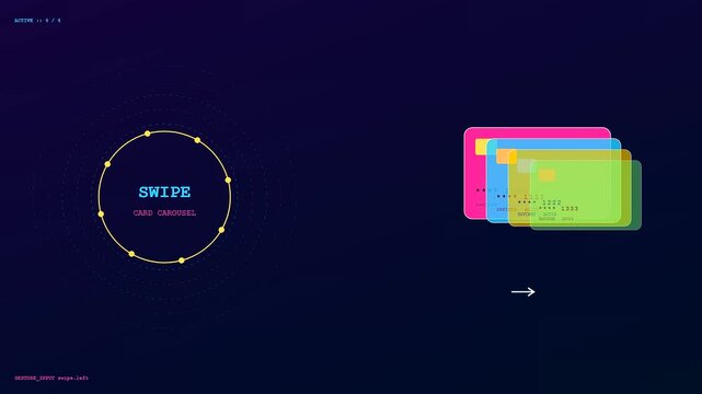 Interactive gesture banking interface featuring a colorful stack of virtual cards moving across a dark digital space with glowing circular guides and thin white arrows