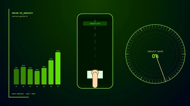 A fluid gesture banking interface demonstrates financial software interactivity through dynamic bar charts and circular gauge feedback loops within a modern digital user experience environment