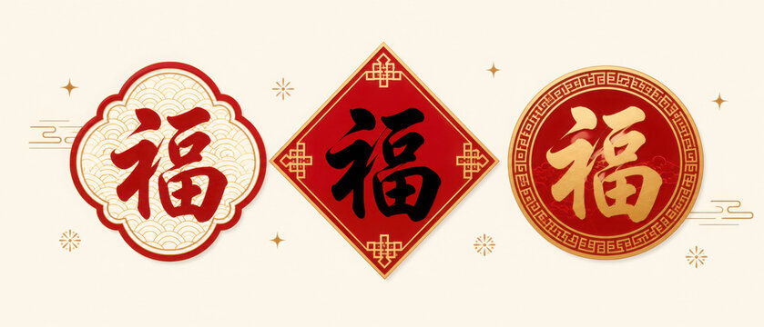 Traditional Chinese New Year decorative vector pack featuring stylized Fu (fortune) characters in classic red and gold designs. Symbolizes luck, prosperity, happiness, and blessings.