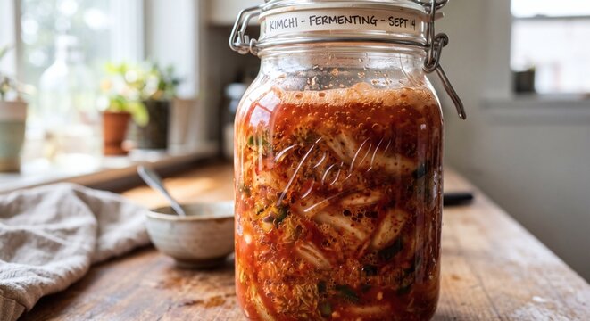 Homemade Korean kimchi actively fermenting with visible bubbles in a glass jar on a rustic wooden kitchen table in natural daylight