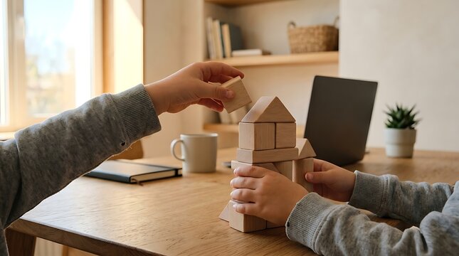Child hands building a small wooden house structure with blocks on a wooden table indoors with carefully placing wooden blocks build two hands