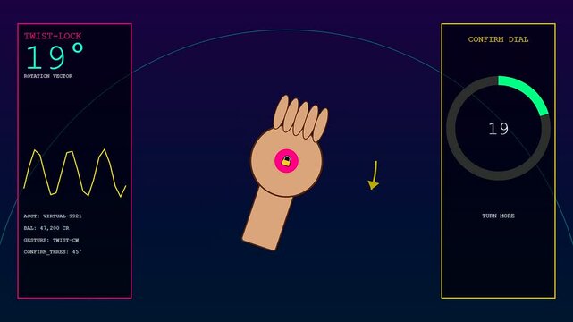 Gesture banking interface showing a wrist rotating through various degrees of movement to unlock secure digital assets within a modern dark blue software environment