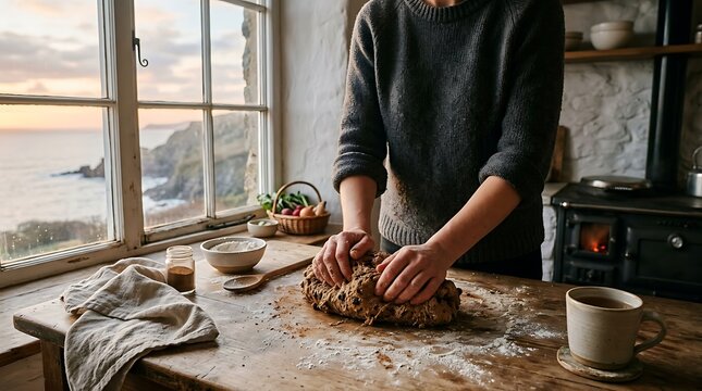 Person kneading dough on a wooden table in a rustic kitchen overlooking the sea with person kneads brown kitchen view ocean preparation traditional