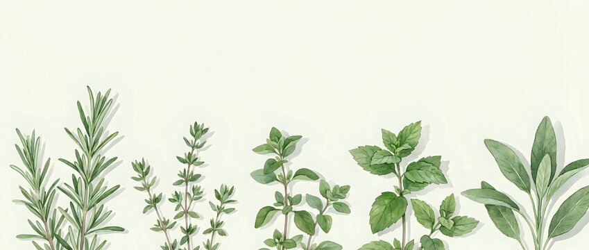 Botanical illustration of culinary herbs including rosemary, thyme