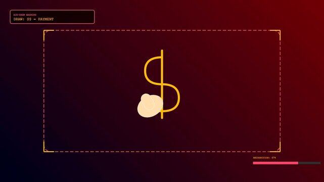 A digital gesture banking interface displays a yellow dollar symbol appearing as a finger traces the lines within a dark red glowing neon frame screen