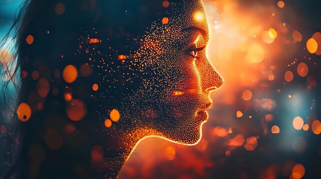 Human face dissolving into glowing orange particles and light bokeh