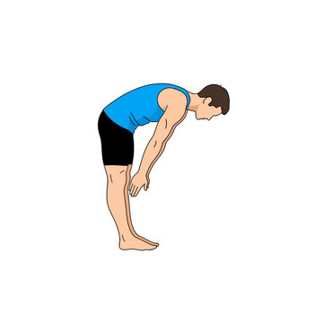 Vector illustration of a man performing a standing forward bend stretch exercise.