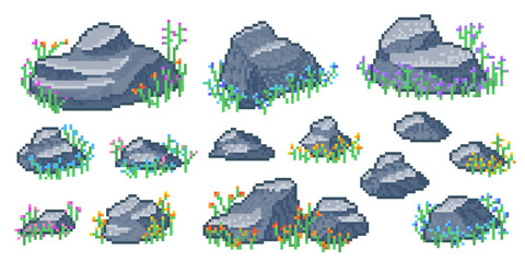 Fototapeta premium Rock Set With Wildflowers Pixel Art