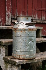 Obraz premium Old rusty metal milk can sits on wooden porch stpic. Antique farm pail with chain handle near rustic red barn. Rural nostalgia, vintage agriculture.